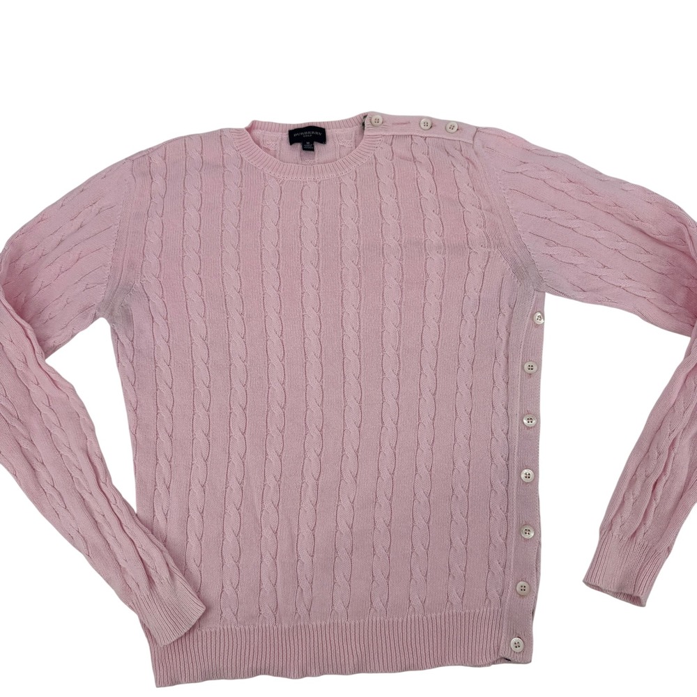 Burberry Golf Sweater Women M Pink Cable Knit Button Side Shoulder Cotton 8669